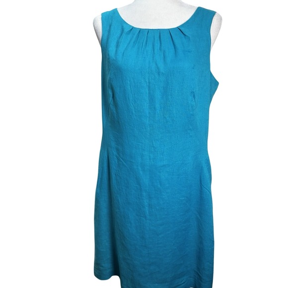 St. Tropez West 100% Linen‎ Dress Sz 12 Midi Sleeveless A-Line Turquoise Blue - Picture 1 of 7